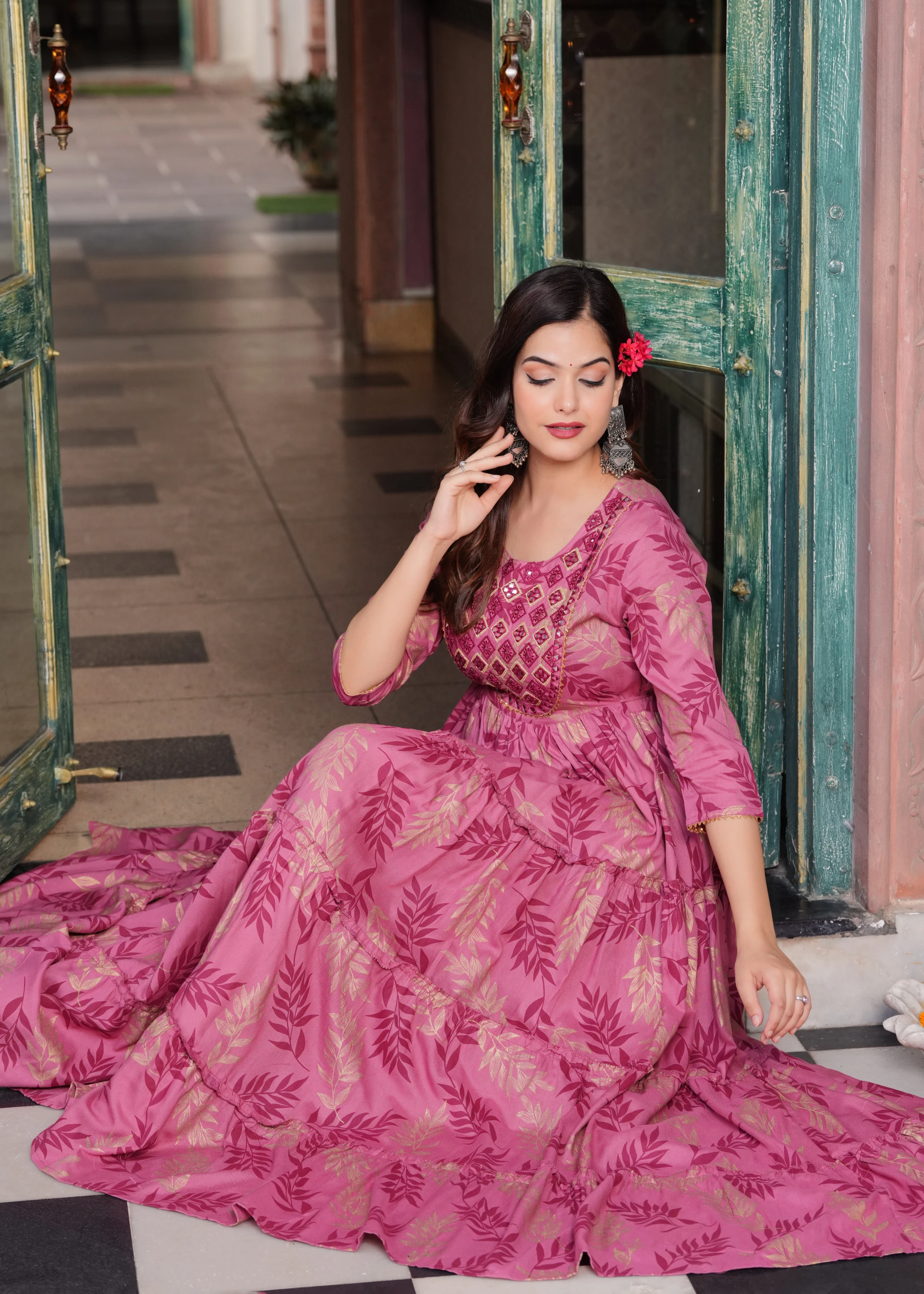 Women Fit and Flare Pink, Beige Maxi/Full Length Dress