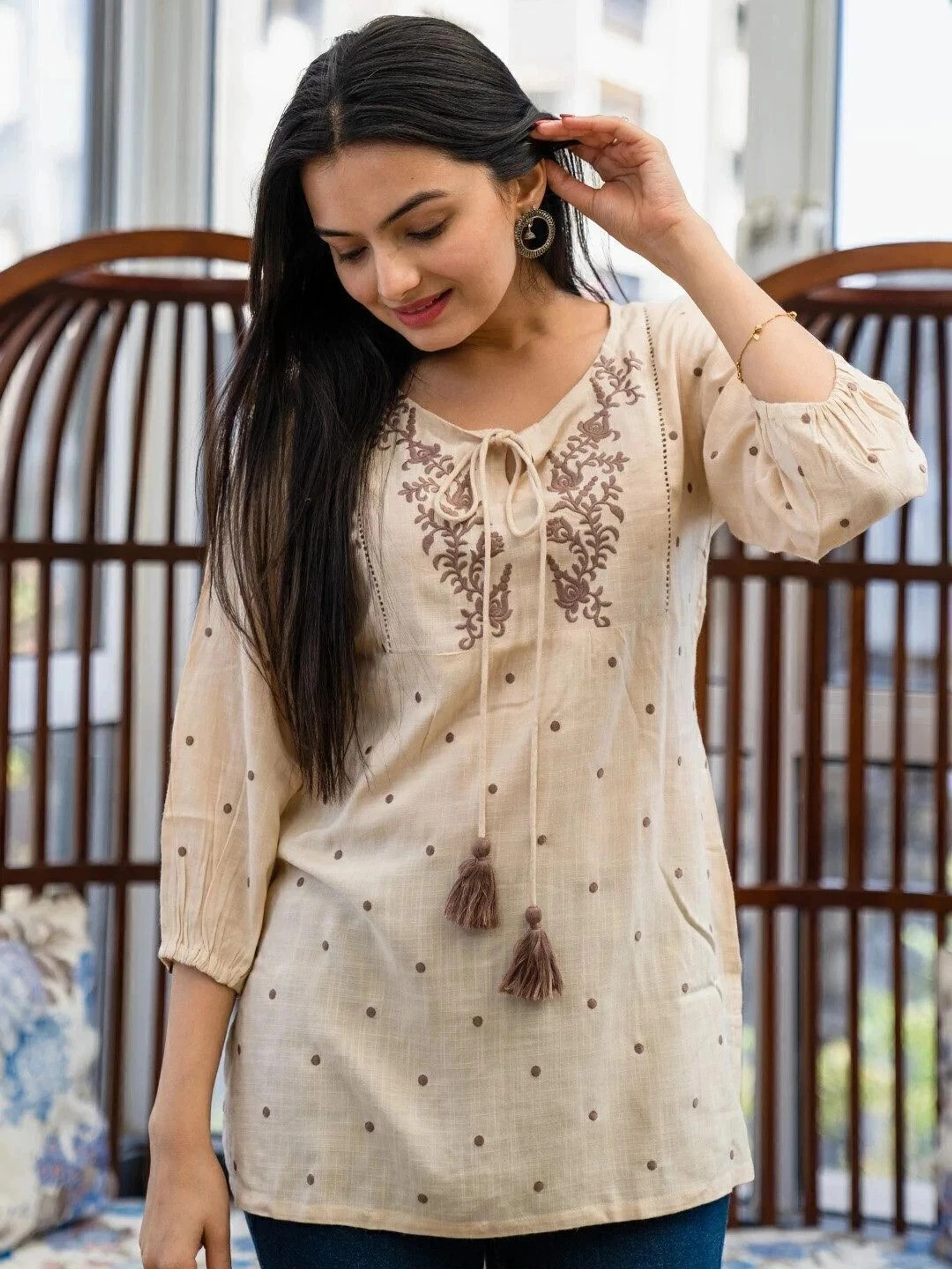Casual Regular Sleeves Embroidered, Polka Print Women Beige Top