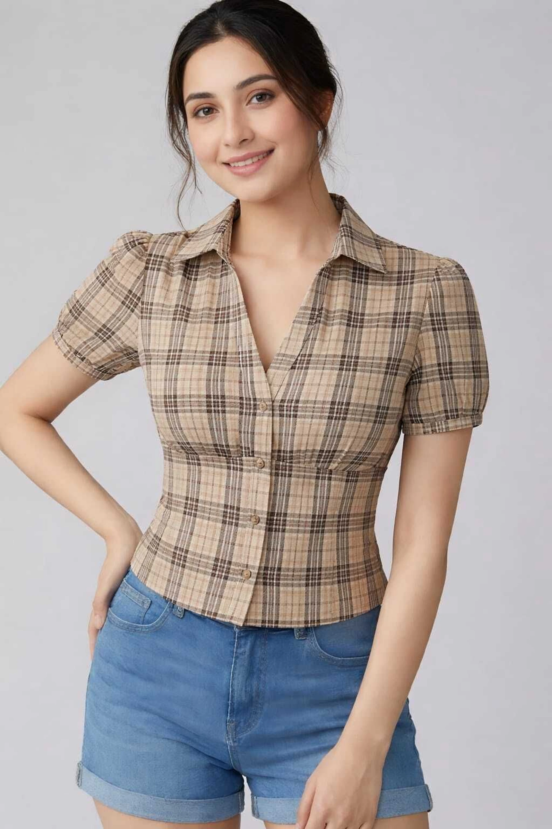 Casual Puff Sleeves Checkered Women Multicolor Top