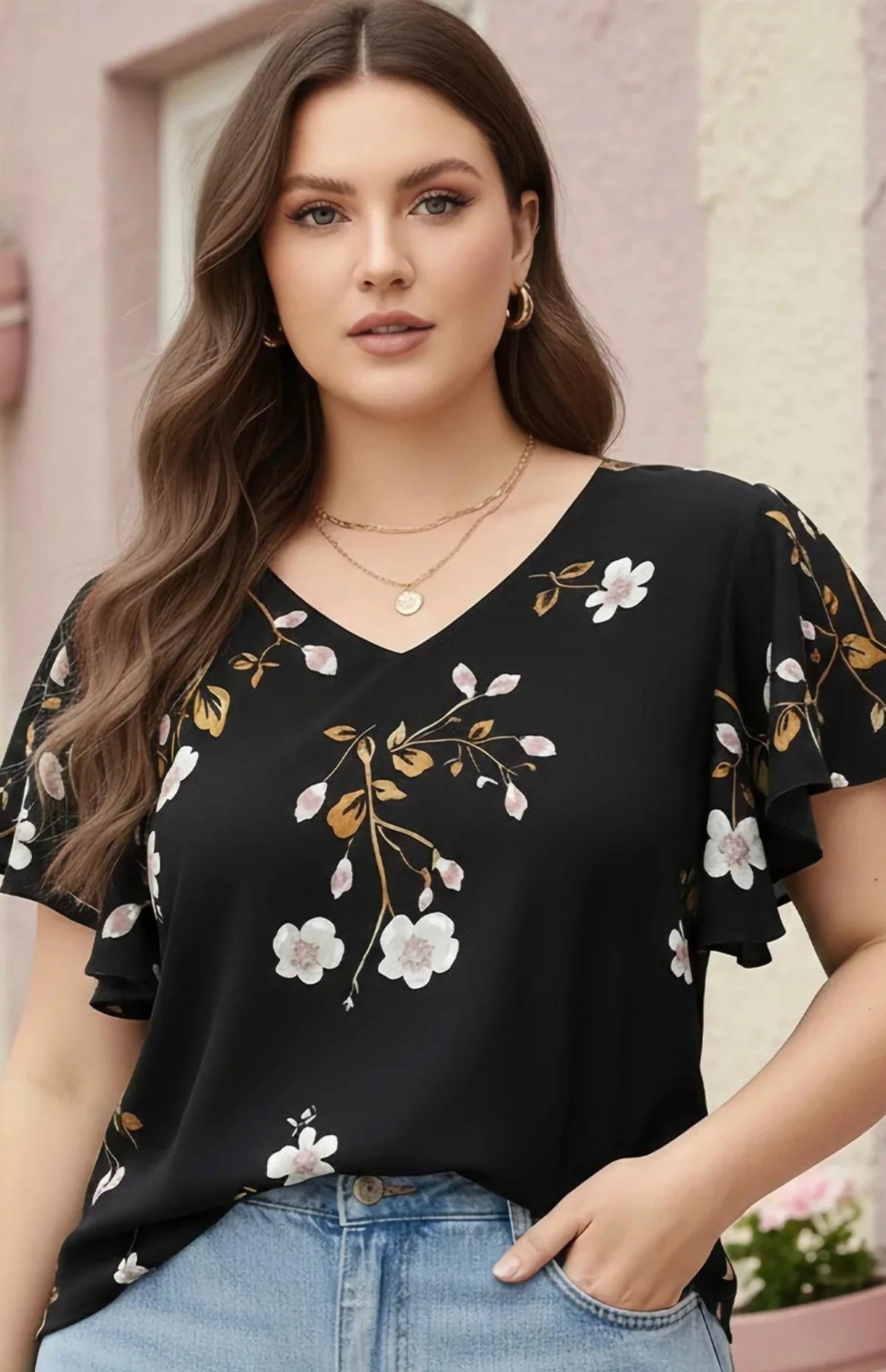 Casual Flared Sleeves Floral Print Women Black Top