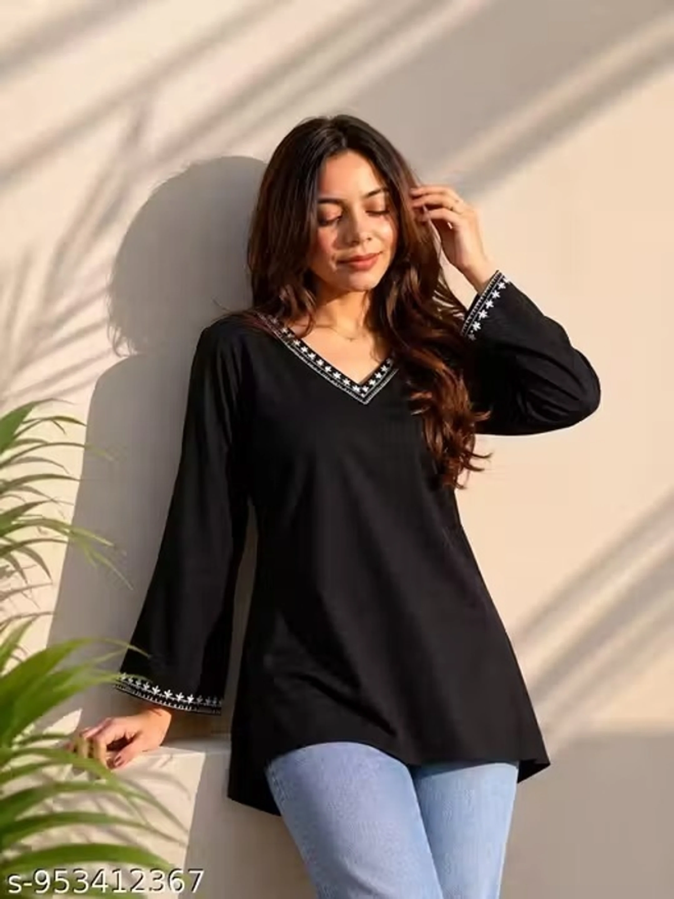 Casual Bell Sleeves Floral Print Women Black Top